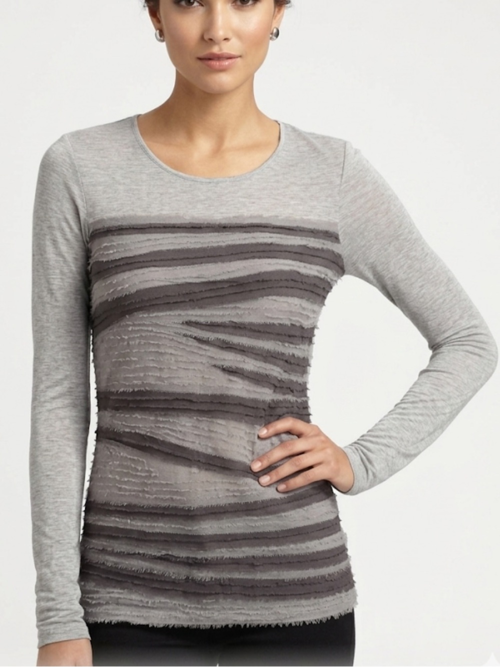 Diane Von Furstenberg Silk Grey Layered Stripe Long Sleeve Top M NWOT